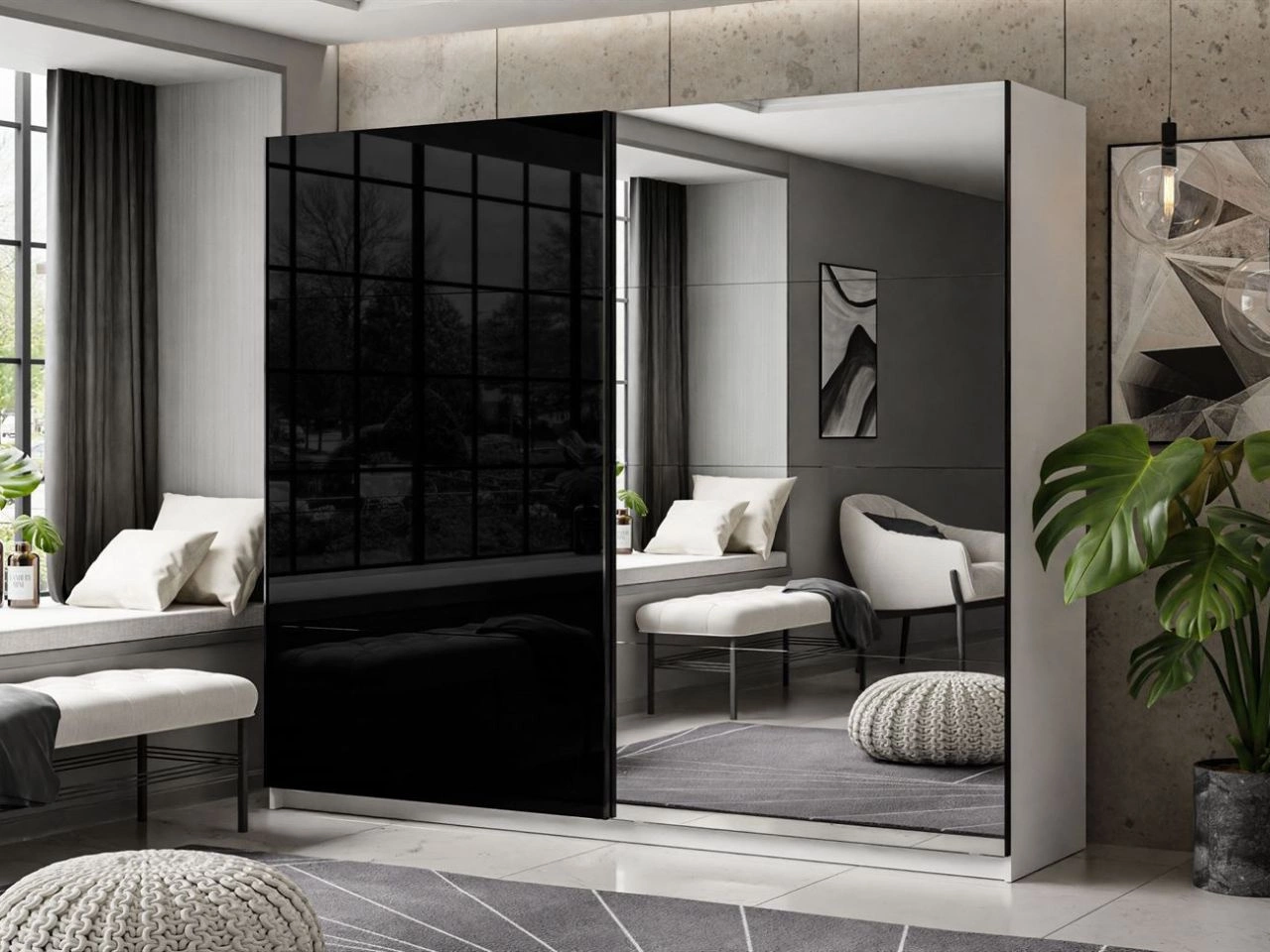 Schwebetürenschrank Zweitüriger mit Spiegel 244 cm Nuveo Schwarz-Weiß Hochglanz