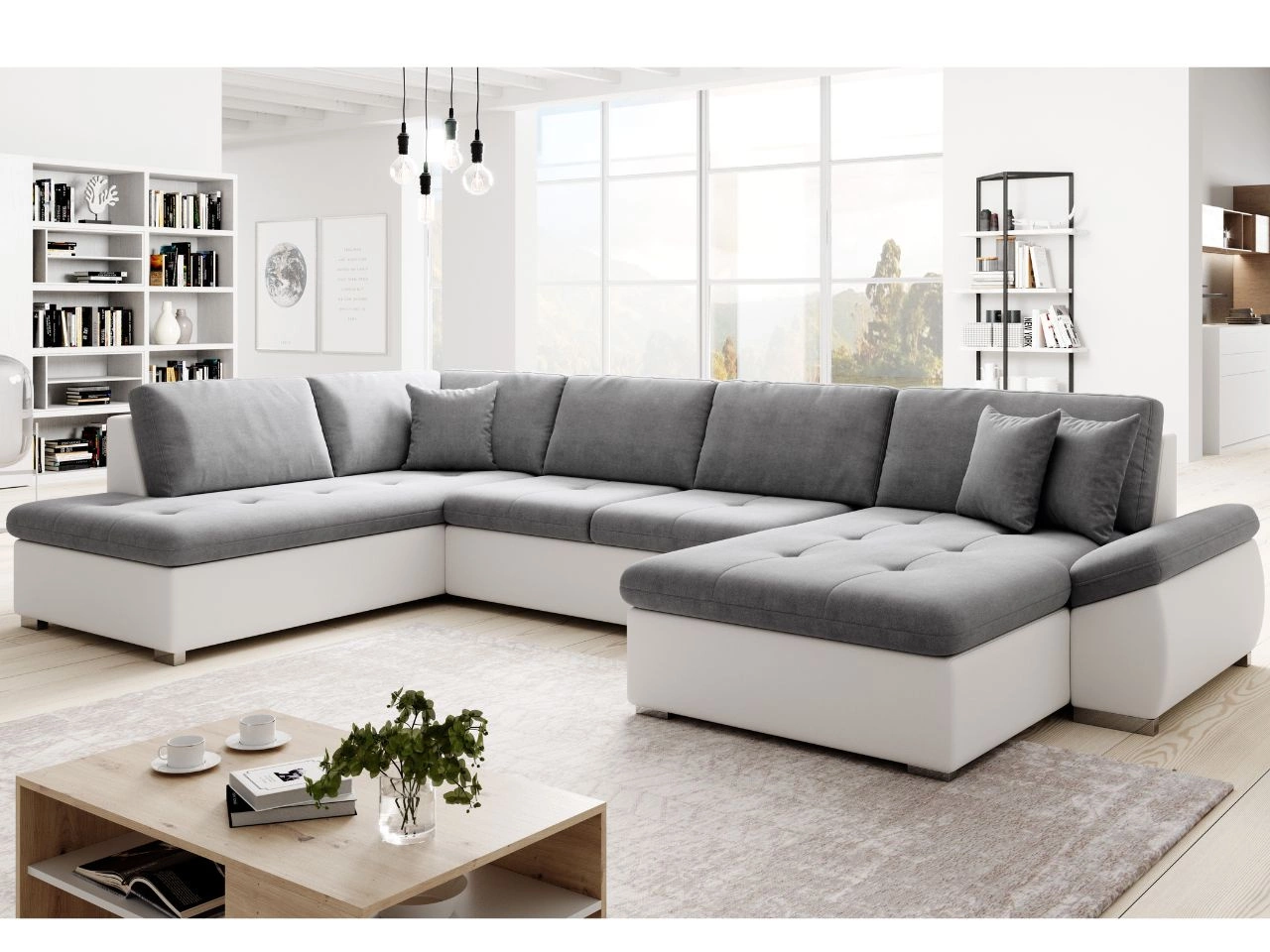 Wohnlandschaft mit Schlaffunktion Links Moni U Grau, Weiß