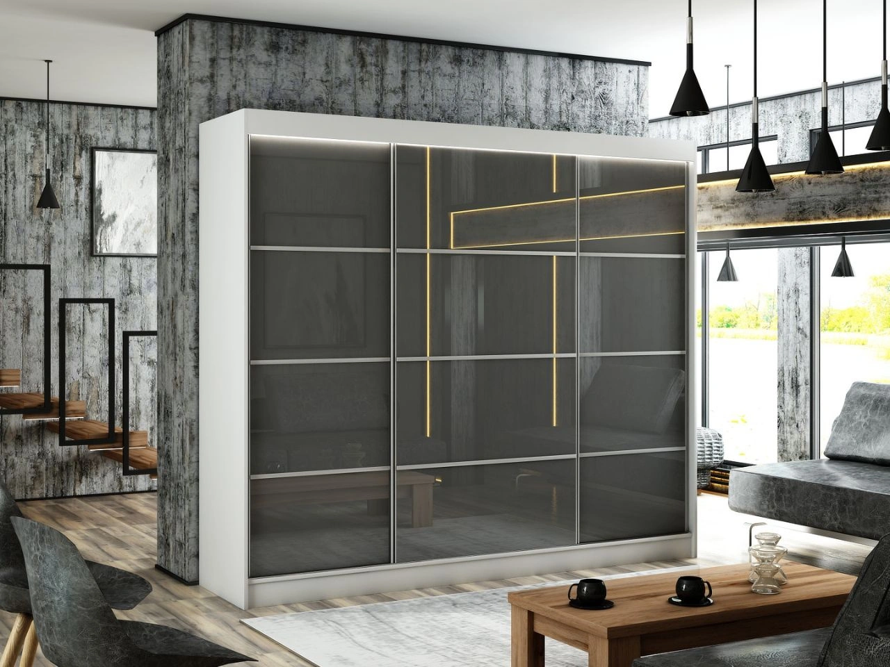 Schiebetürenschrank mit Sprossen 250 cm mit LED-Beleuchtung Ponti Weiß, Grau