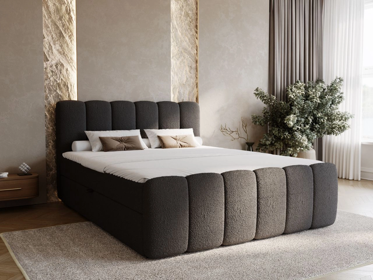 Boxspringbett mit Bettkasten 140x200 Bouclé-Stoff Cloud Schwarz