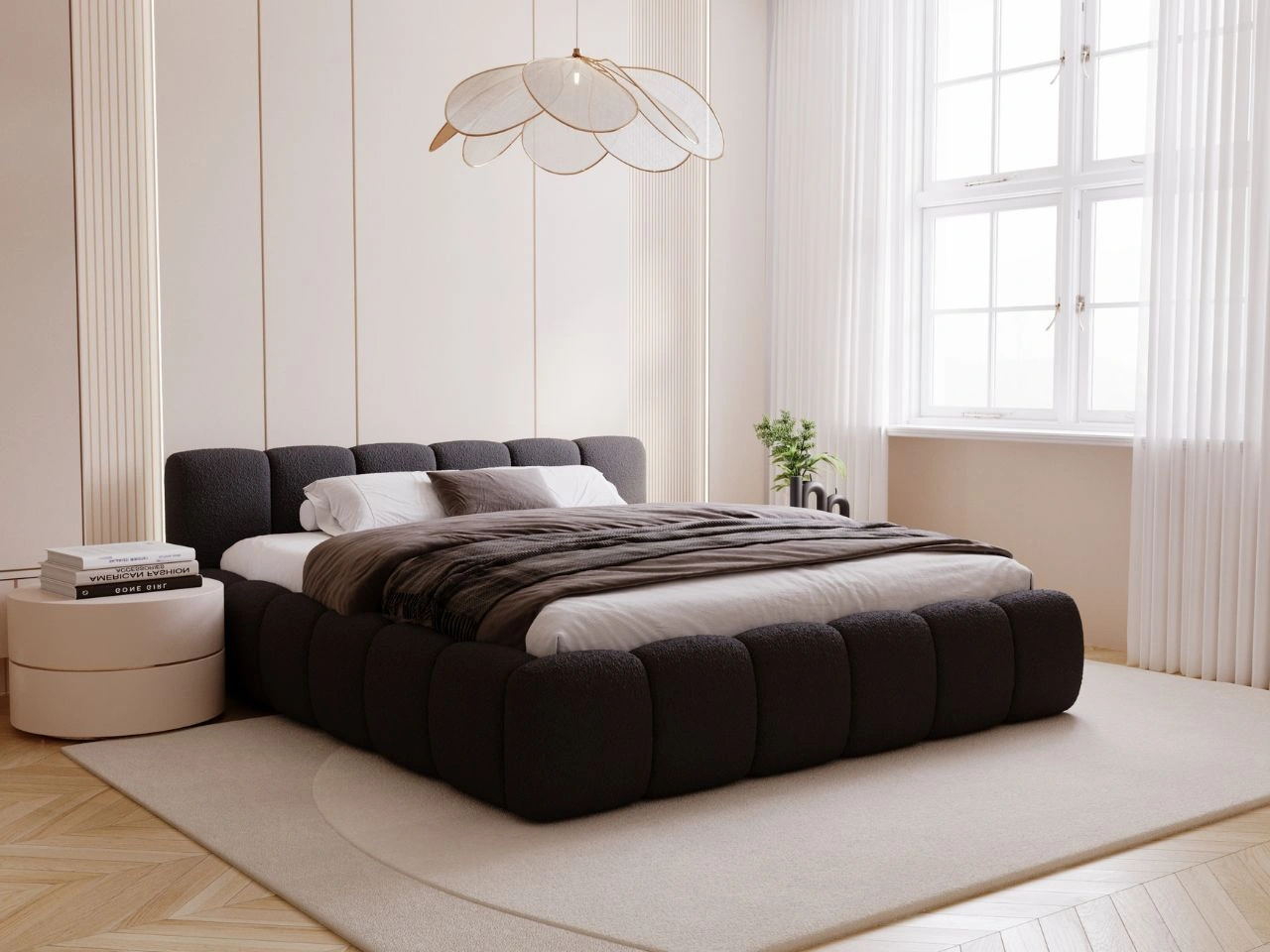 Polsterbett mit Bettkasten und Lattenrost 200x200 Cloud Low Bouclé-Stoff Schwarz
