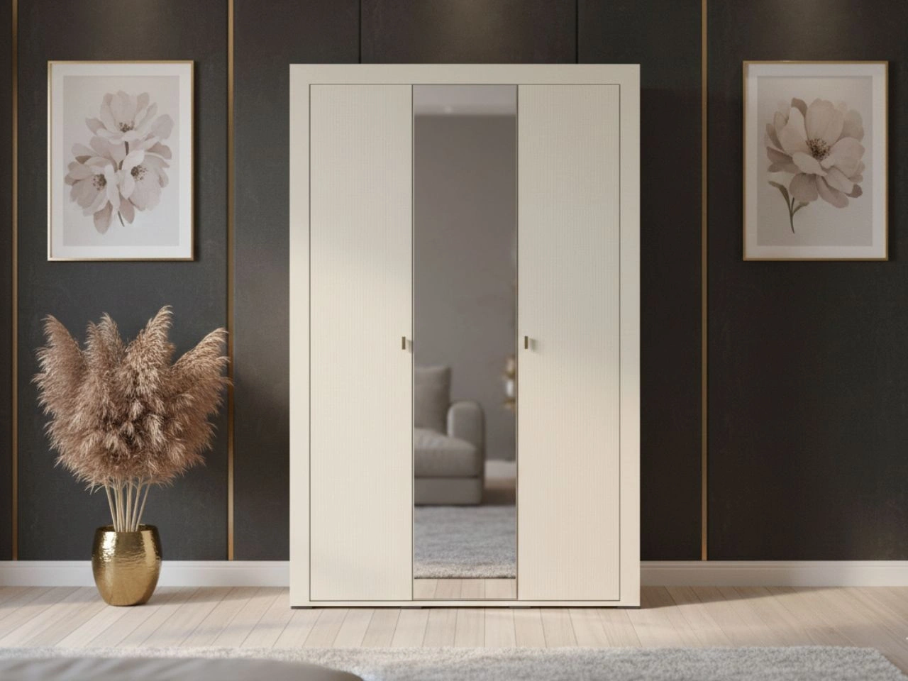 Kleiderschrank mit Drehtüren, Kleiderstange und Spiegel Messina Kaschmir