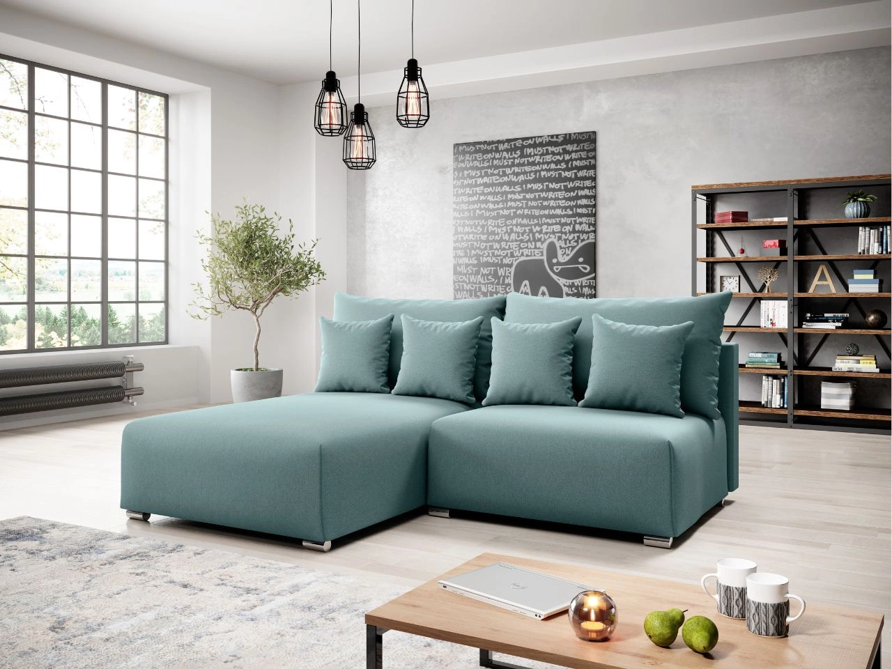 Ecksofa L-Form Links mit Schlaffunktion und Bettkasten Ronni Hellblau
