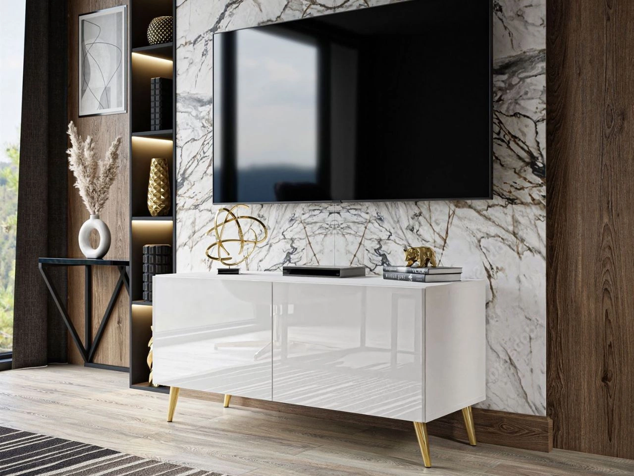 TV-Lowboard mit Türen auf Goldenen Metallbeinen 100 cm Noaé Weiß Hochglanz