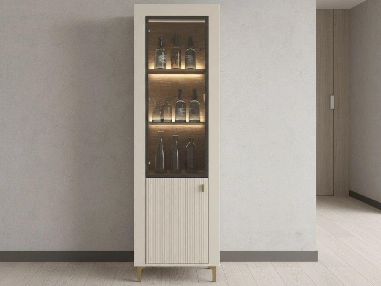Schmale Standvitrine mit LED-Beleuchtung Messina Kaschmir