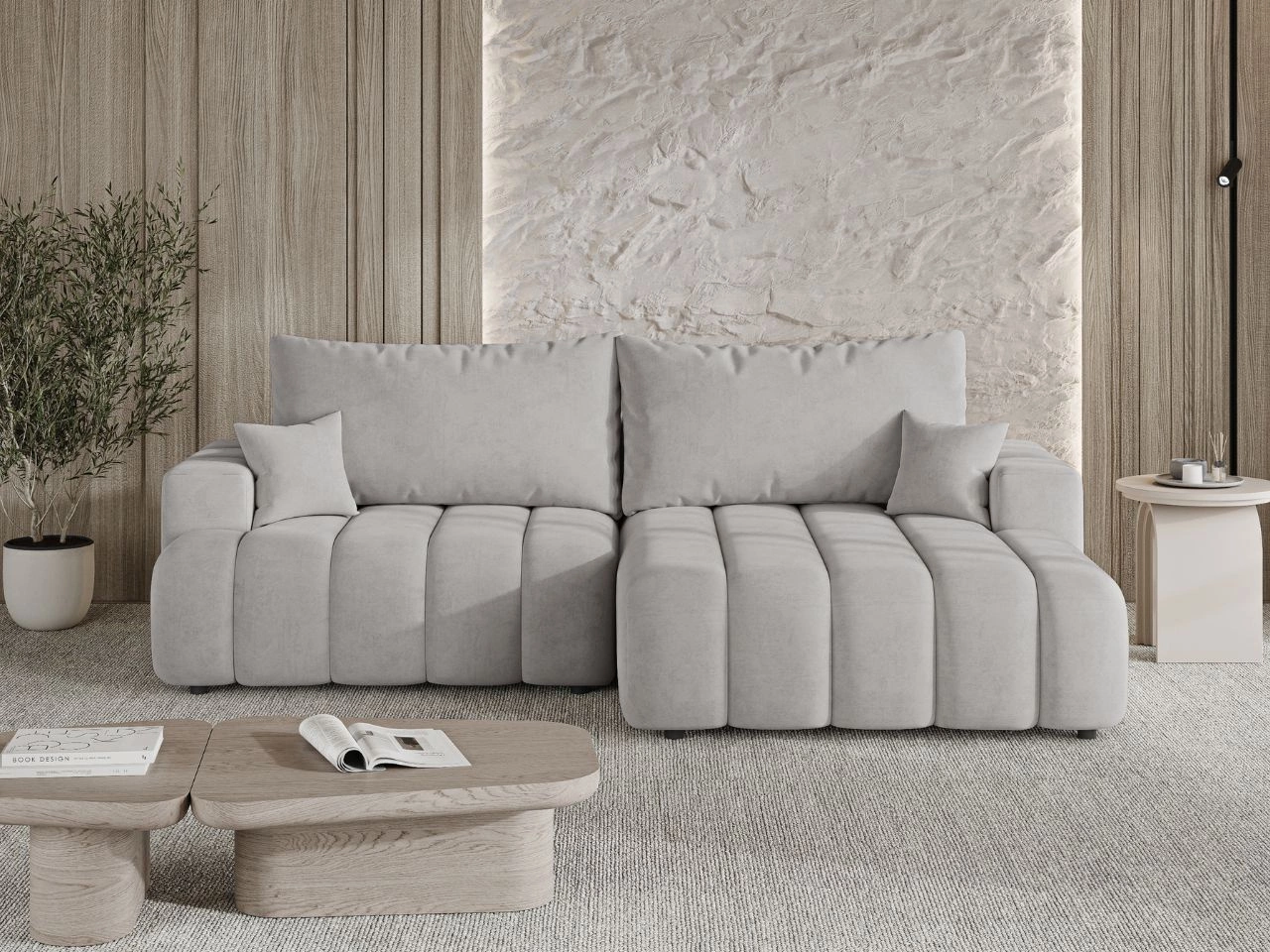 Ecksofa L-Form Rechts mit Schlaffunktion und Bettkasten Caleo Hellgrau
