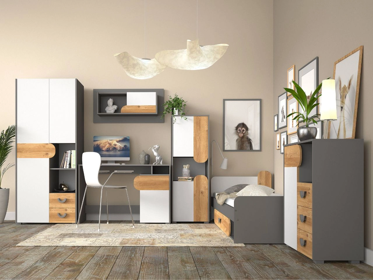 Ein Set moderner Möbel für ein Jugendzimmer Casa Nash Eiche, Weiß, Grau