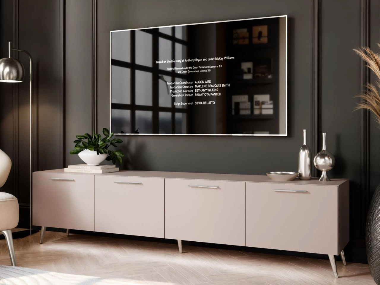 TV-Lowboard mit Türen und LED-Beleuchtung auf Silbernen Metallbeinen 200 cm Noaé Kaschmir