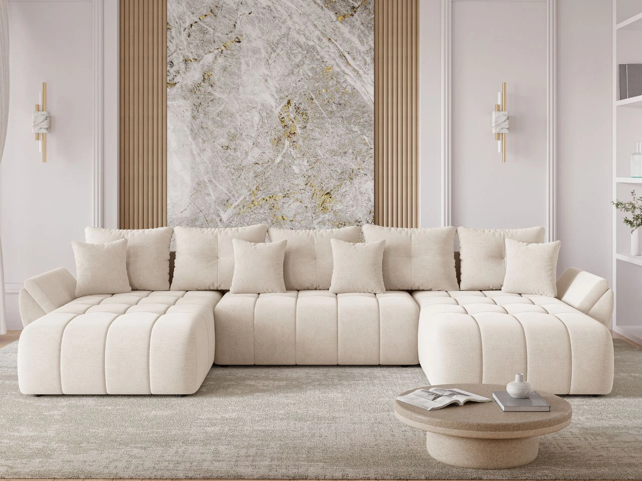 Wohnlandschaft mit Schlaffunktion und Bettkasten Decor U Beige