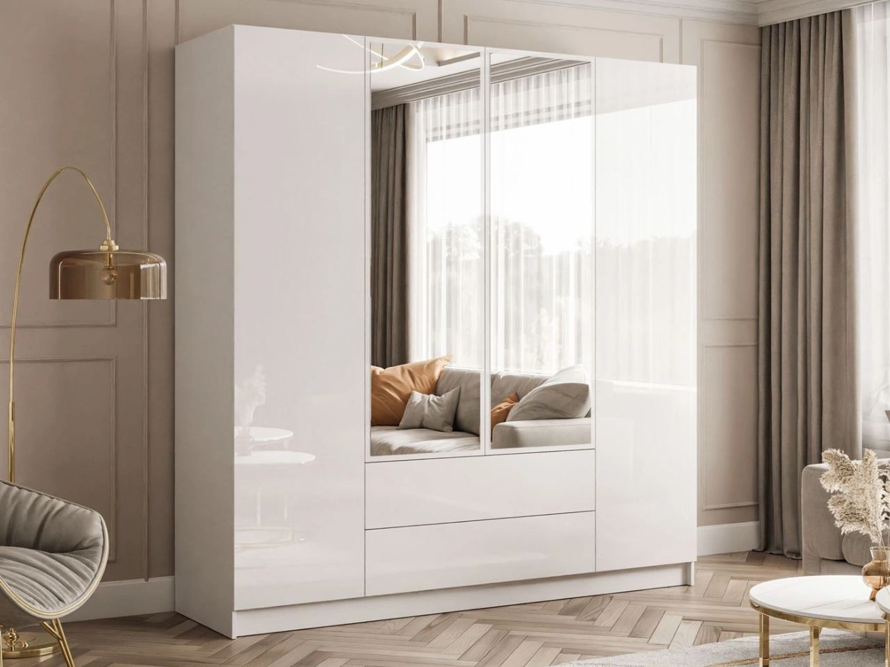 Kleiderschrank mit Drehtüren, Schubladen und Spiegeln Ameli Weiß Hochglanz