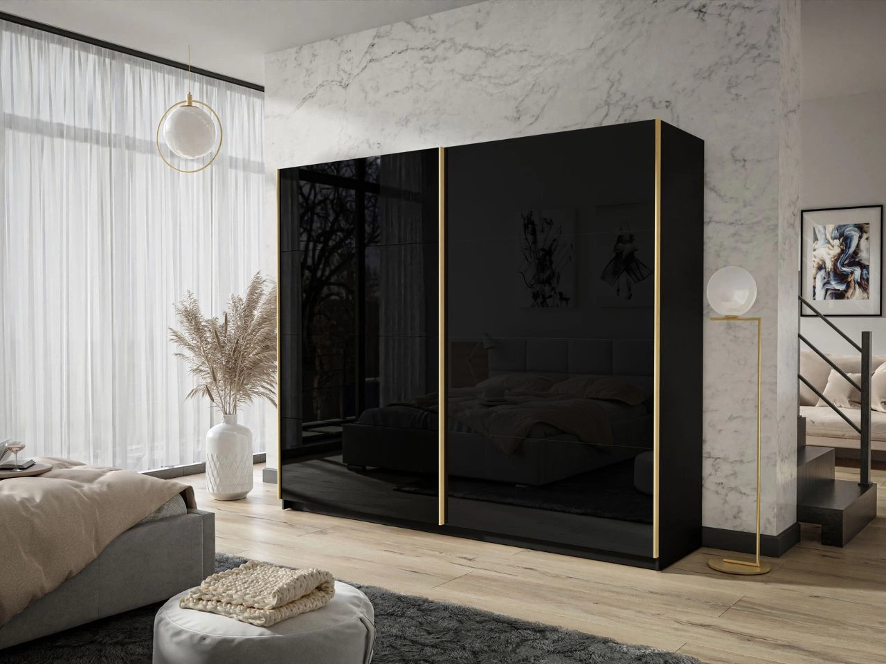 Schwebetürenschrank Zweitüriger 194 cm Noaé Schwarz Hochglanz