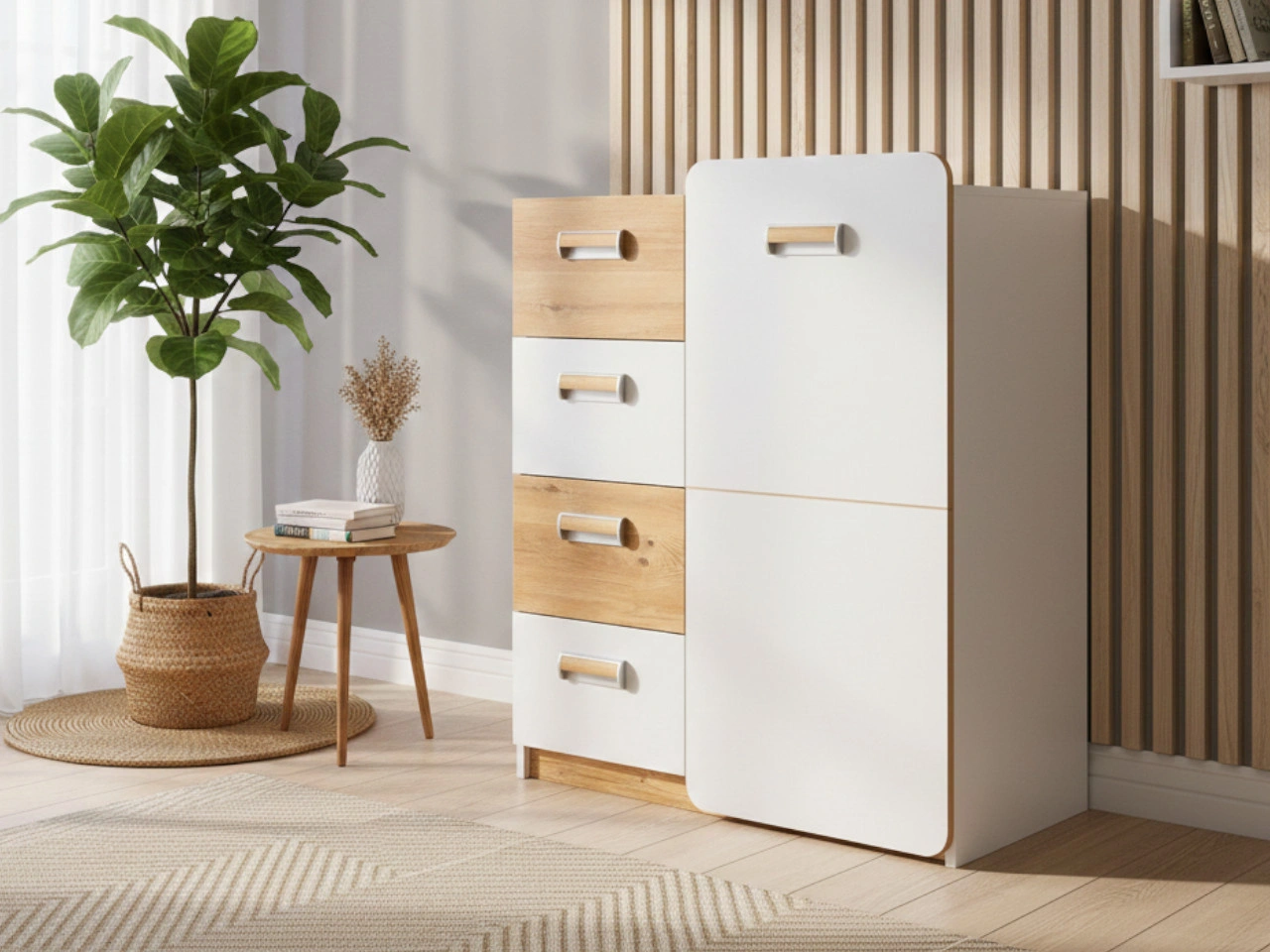 Kommode 80 cm mit Schubladen für ein Jugendzimmer Lindo Weiß, Nash Eiche