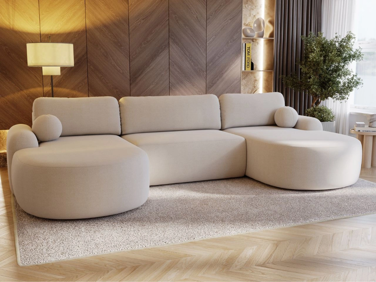 Wohnlandschaft mit Schlaffunktion und Bettkasten Aurio Creme