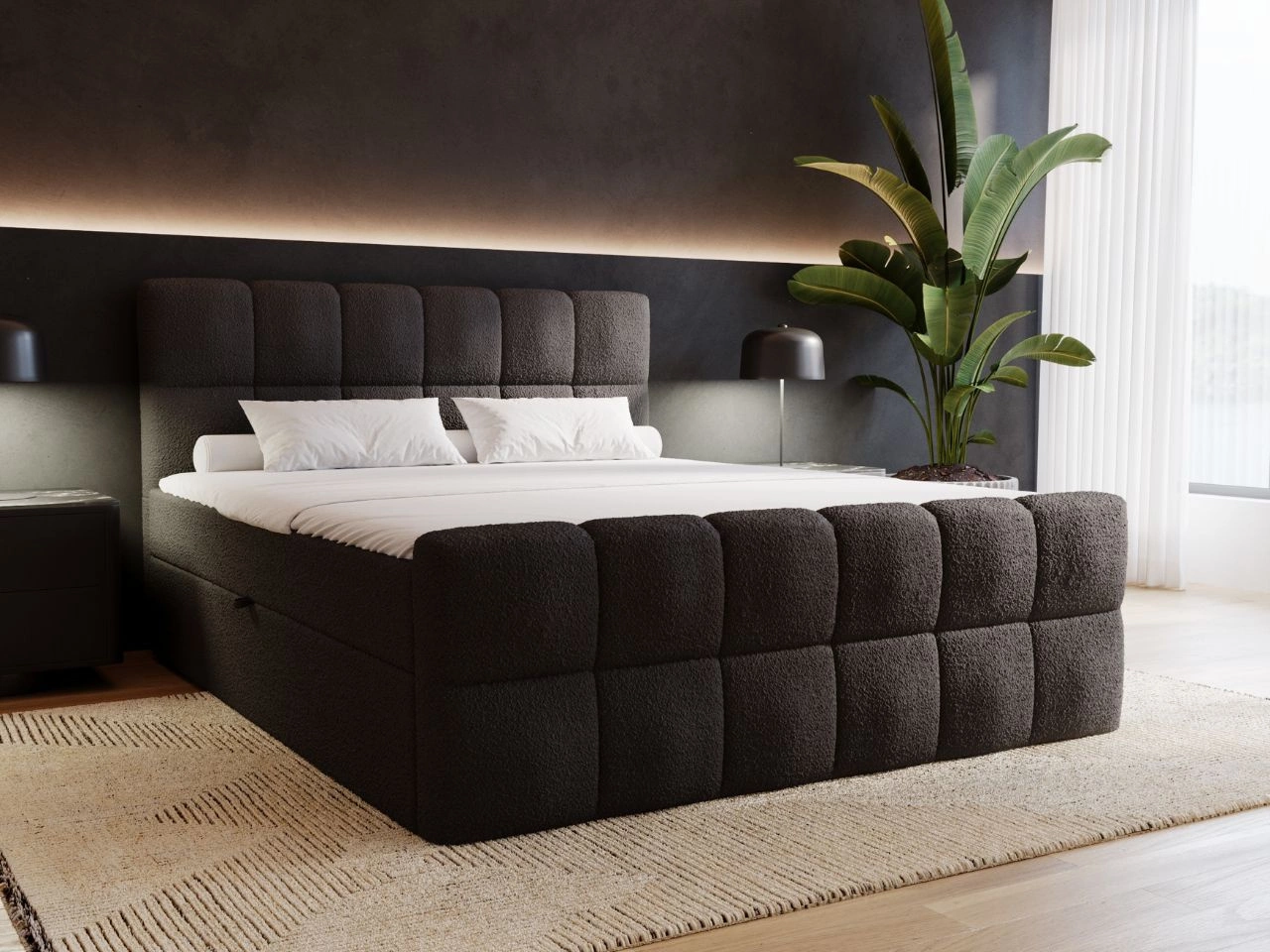 Boxspringbett mit Bettkasten 160x200 Bouclé-Stoff Alicante Schwarz