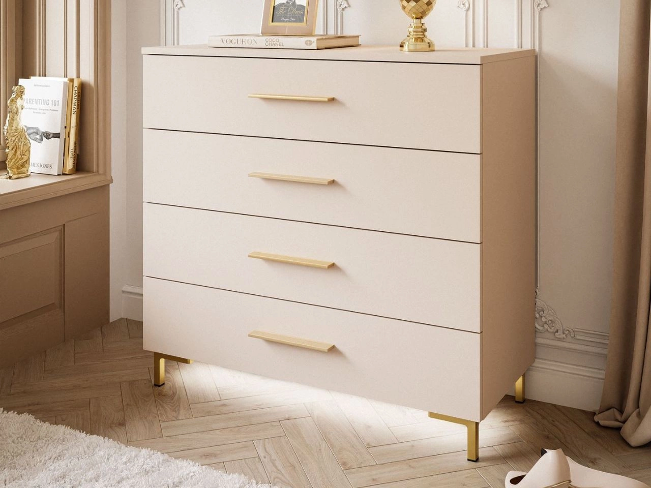 Kommode mit Schubladen und LED-Beleuchtung auf Goldenen Metallbeinen Nuveo Kaschmir