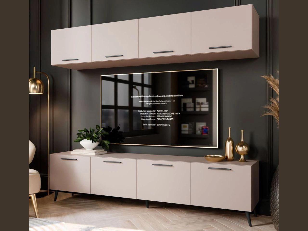 Wohnwand für das Wohnzimmer auf Schwarzen Metallbeinen Noaé Kaschmir