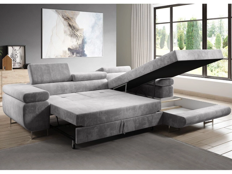 Ecksofa L-Form Rechts mit Schlaffunktion und Bettkasten Solam Hellgrau