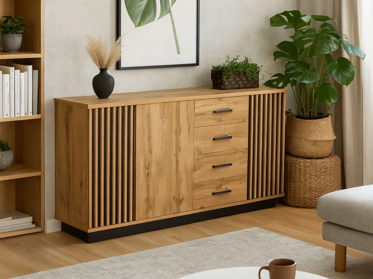 Dreitürige Kommode mit Schubladen und Latten Lavore Wotan Eiche, Schwarz matt