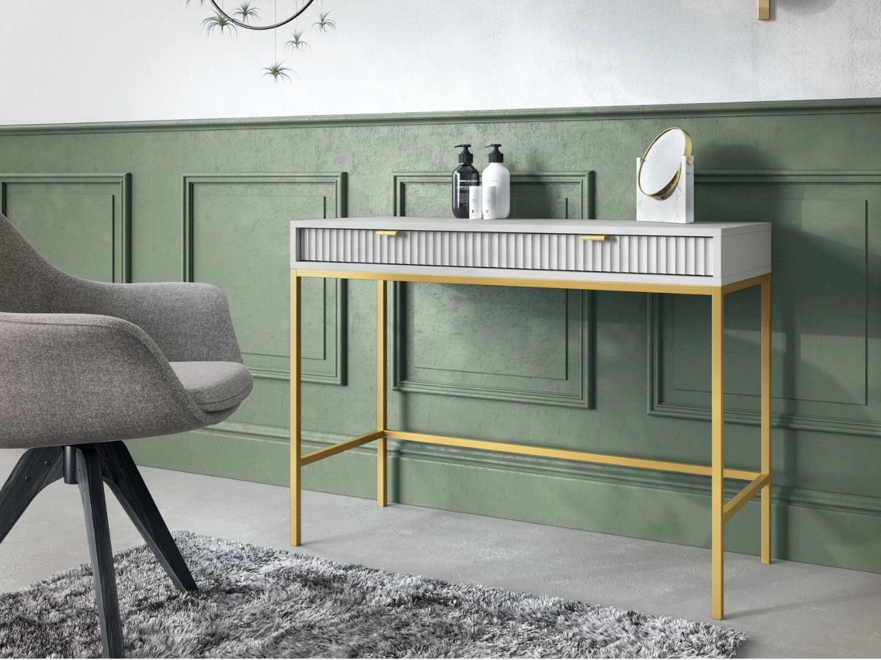 Schminktisch mit Schubladen Amber Grau auf goldenen Beinen