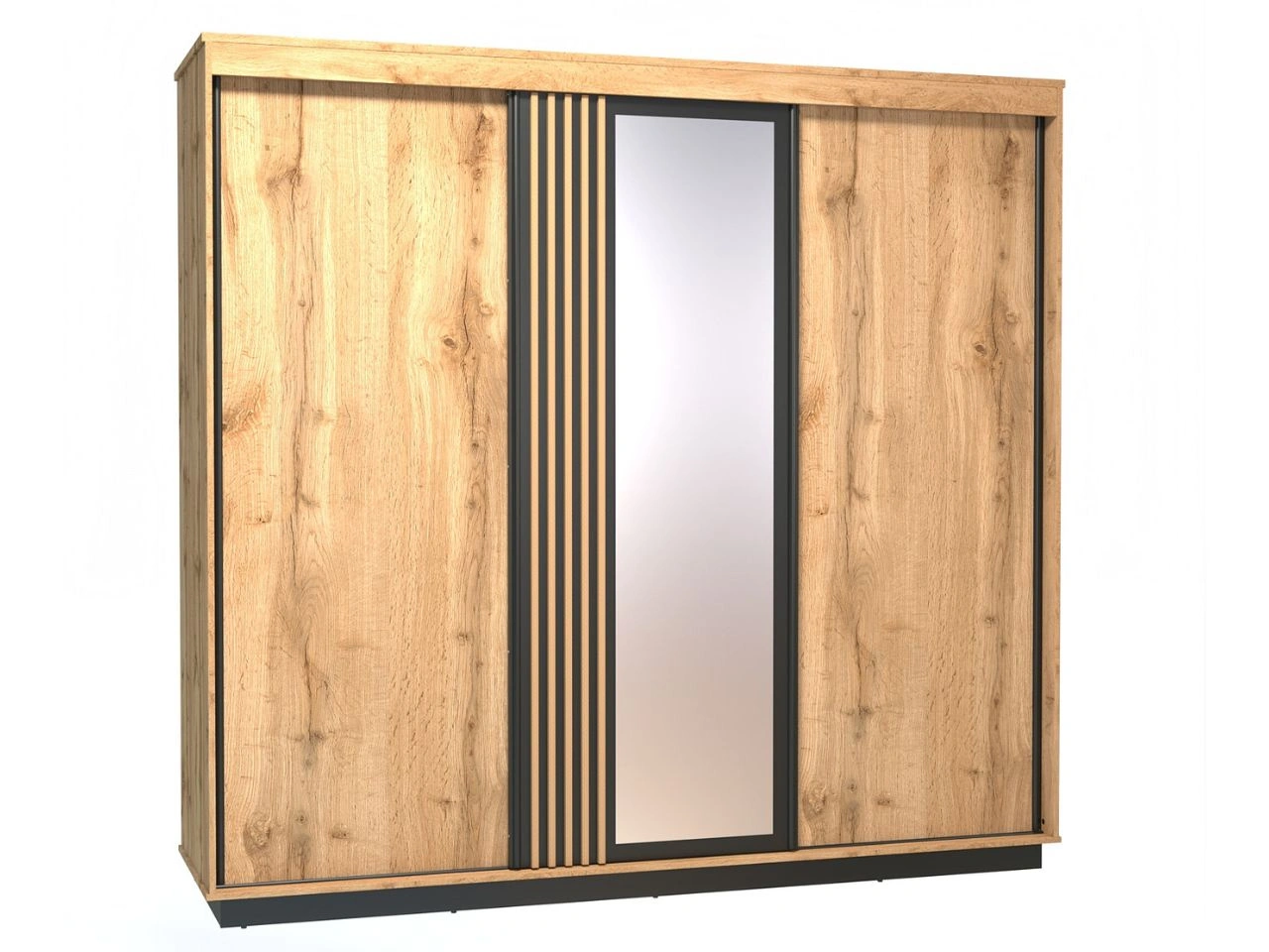 Schiebetürenschrank 240 cm mit Spiegel, mit Lamellen für das Schlafzimmer Lavore Wotan Eiche, Schwarz matt