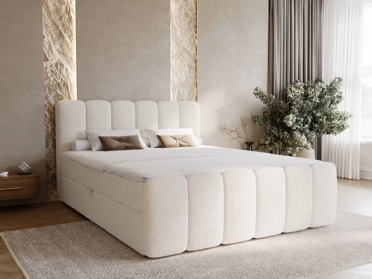 Boxspringbett mit Bettkasten 160x200 Bouclé-Stoff Cloud Beige
