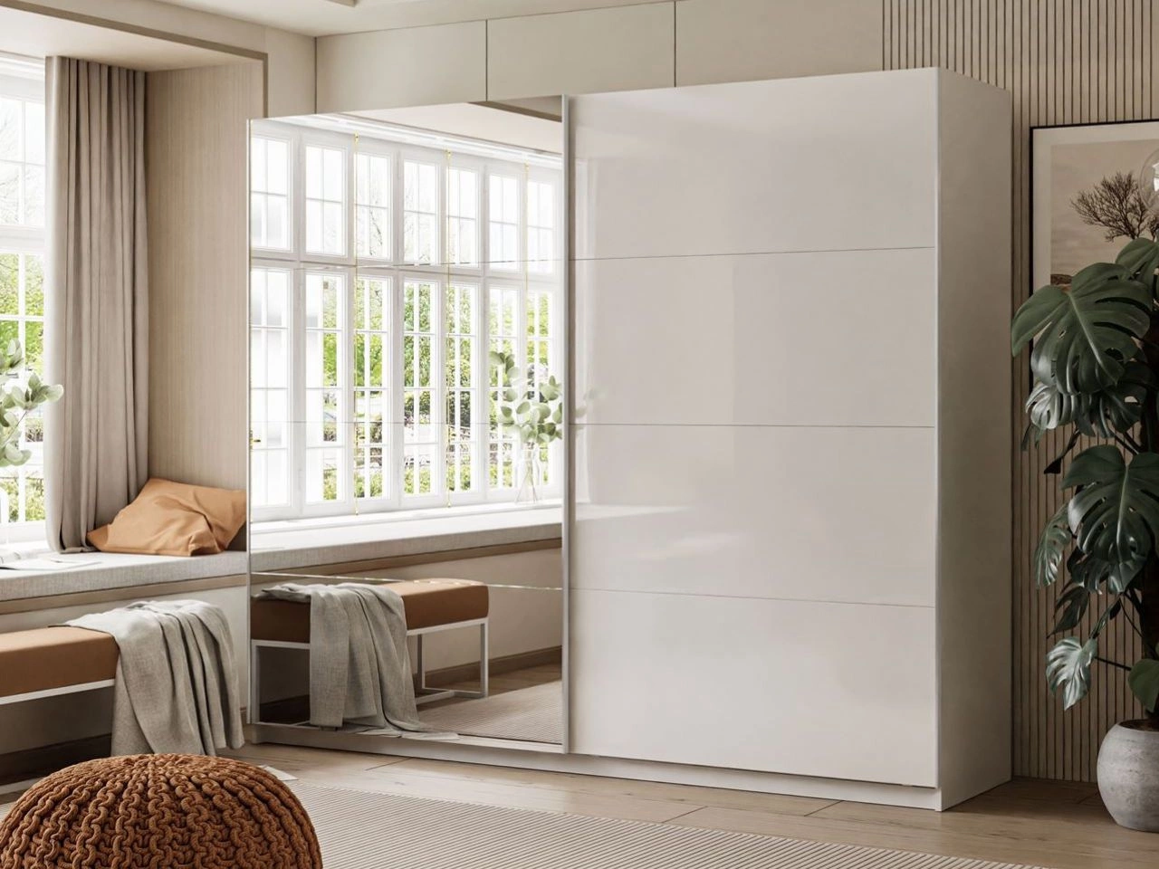 Schwebetürenschrank Zweitüriger mit Spiegel 244 cm Nuveo Weiß Hochglanz