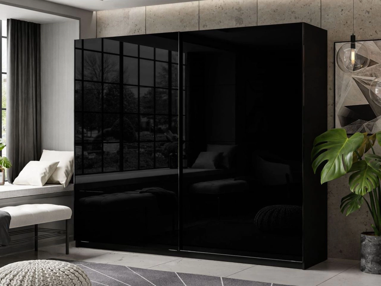 Schwebetürenschrank Zweitüriger 244 cm Nuveo Schwarz Hochglanz