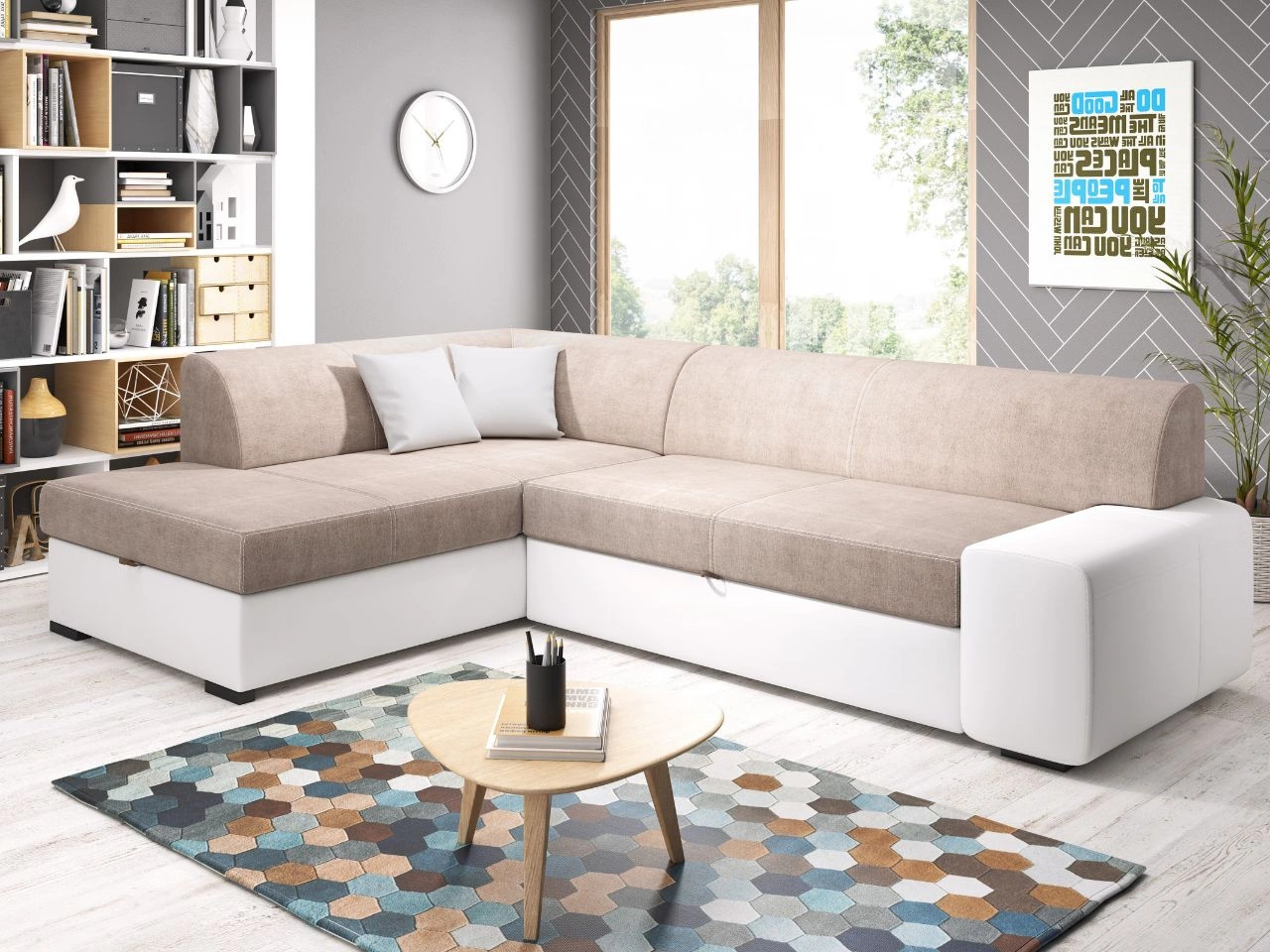 Ecksofa L-Form Links mit Schlaffunktion und Bettkasten Fresto Hellbraun Weiß