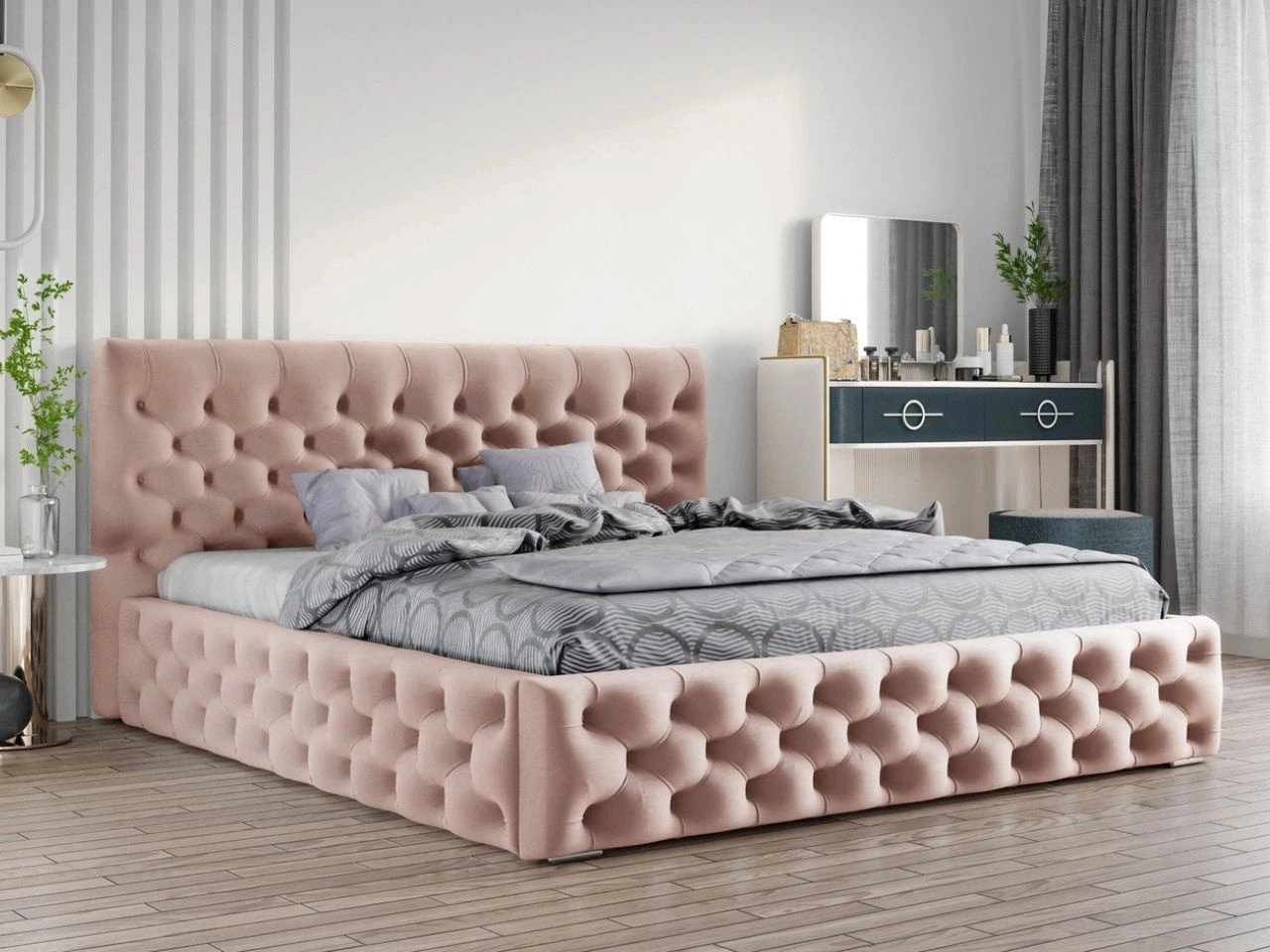 Polsterbett mit Bettkasten und Lattenrost 200x200 Velutto Rosa