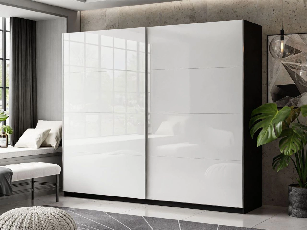 Schwebetürenschrank Zweitüriger 244 cm Nuveo Weiß-Schwarz Hochglanz