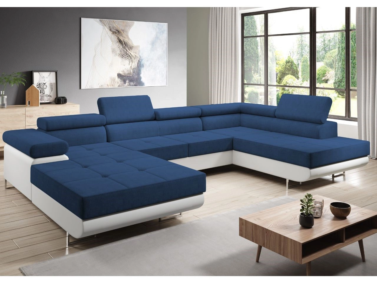 Wohnlandschaft Rechts mit Schlaffunktion und Bettkasten Solam U Marineblau, Weiß