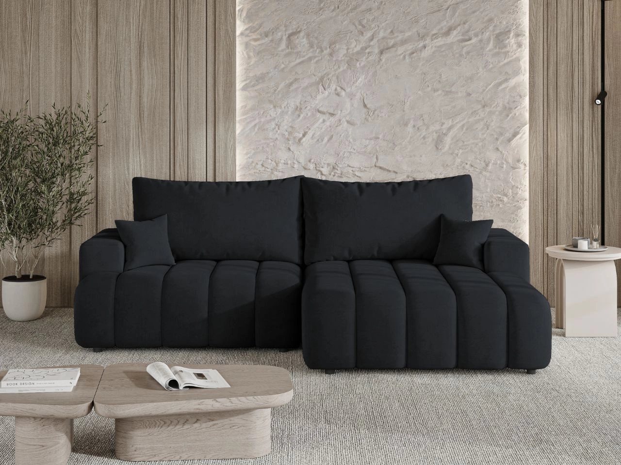 Ecksofa L-Form Rechts mit Schlaffunktion und Bettkasten Caleo Schwarz