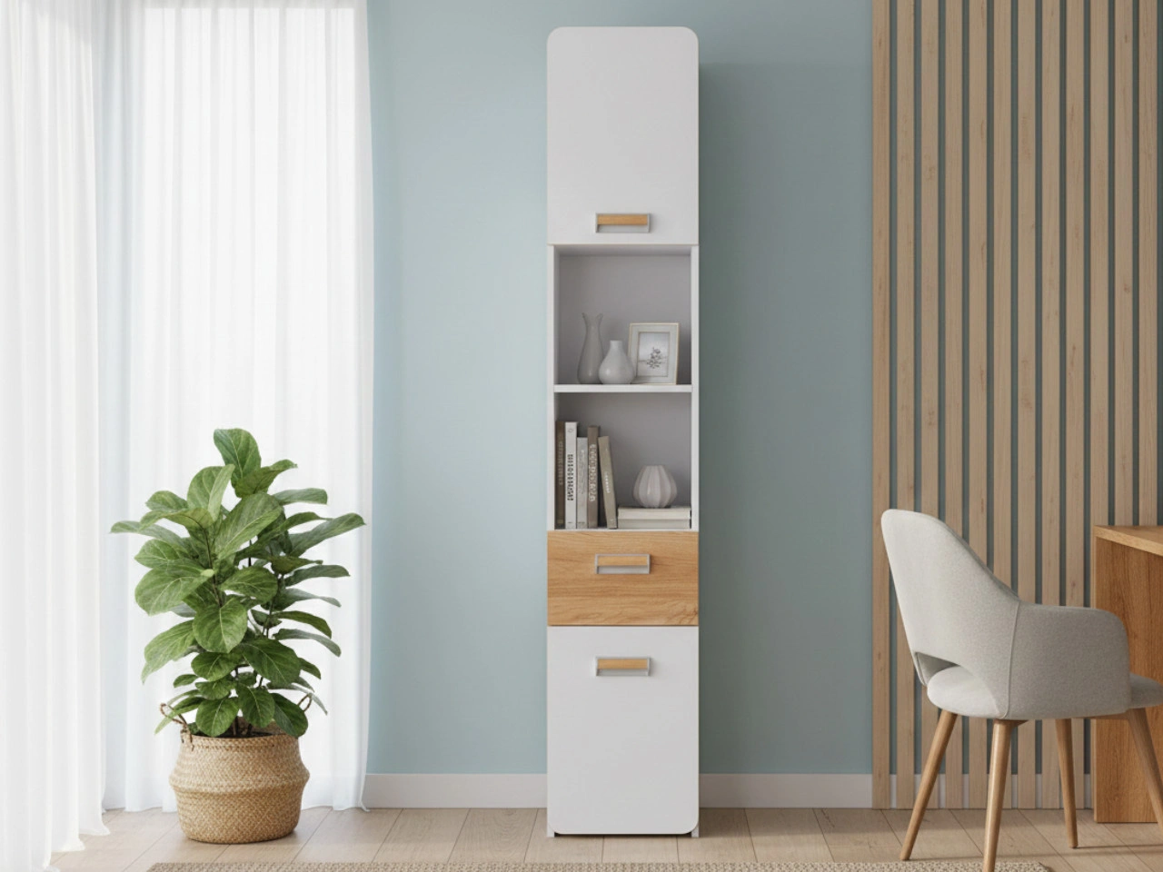 Bücherregal mit Schublade für ein Teenagerzimmer Lindo Weiß, Nash Eiche