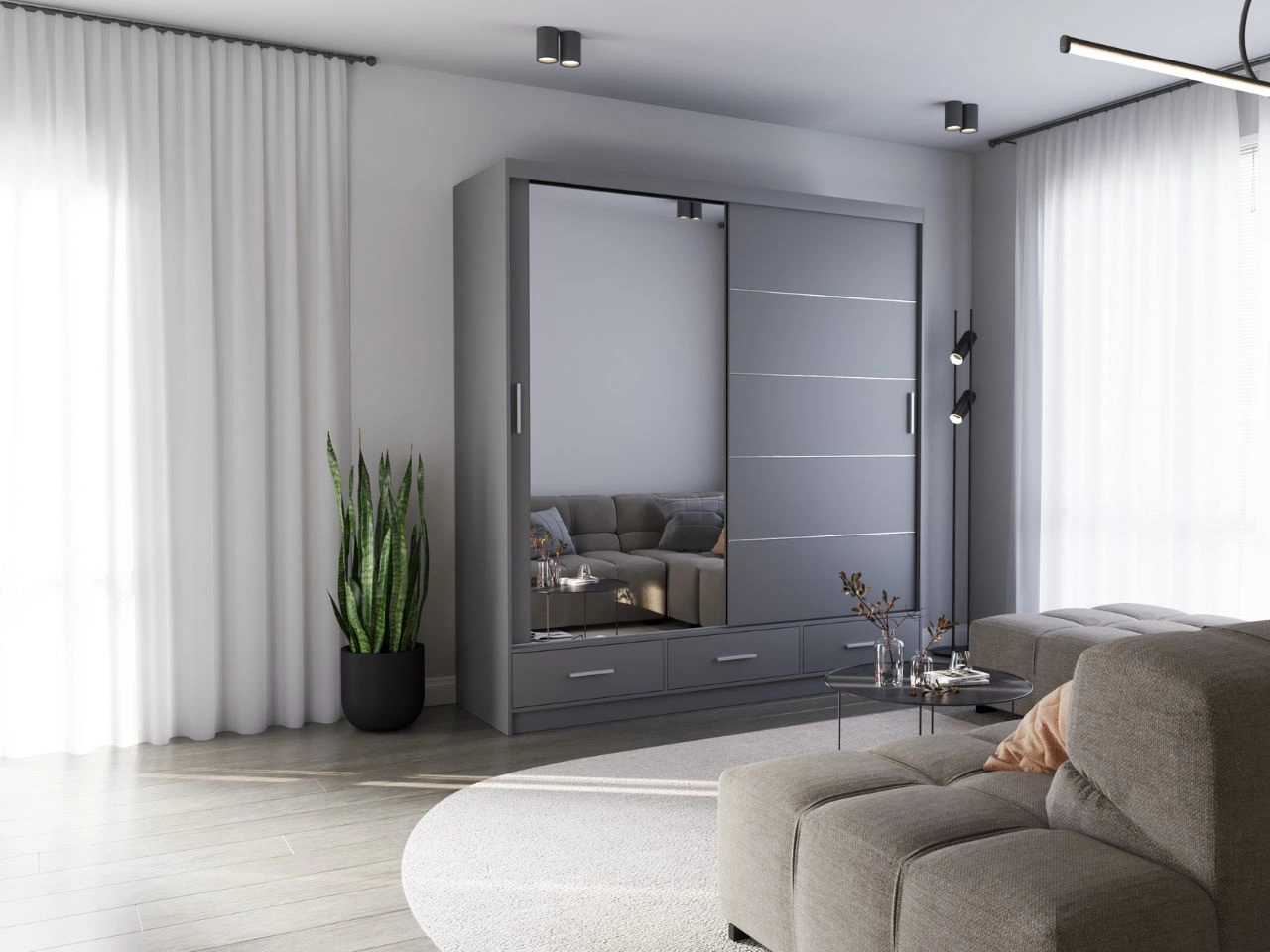 Kleiderschrank mit Spiegel 203 cm Fiore Grau