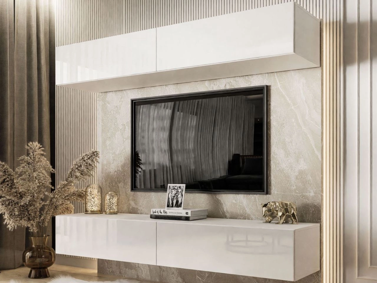 Hängende Wohnwand für das Wohnzimmer Sorelle Weiß Hochglanz