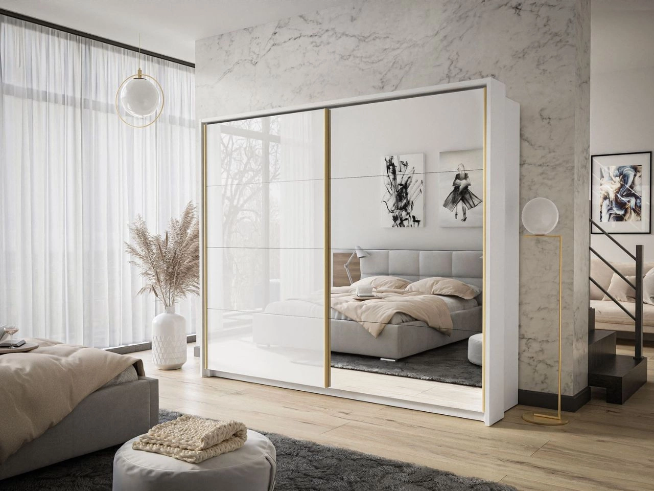 Schwebetürenschrank Zweitüriger mit Aufsatz und Spiegel 254 cm Noaé Weiß Hochglanz