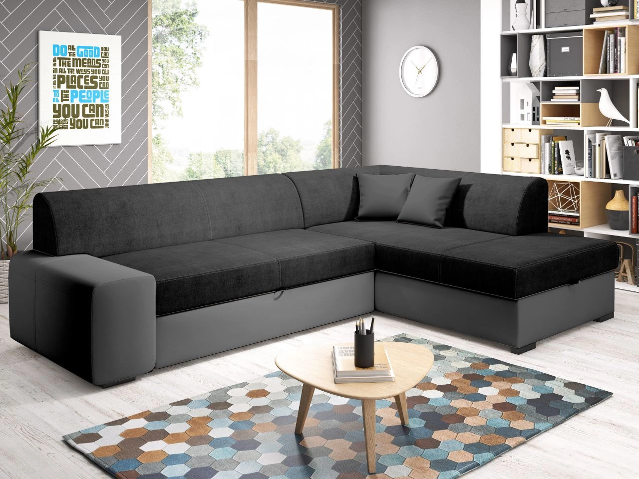 Ecksofa L-Form Rechts mit Schlaffunktion und Bettkasten Fresto Schwarz