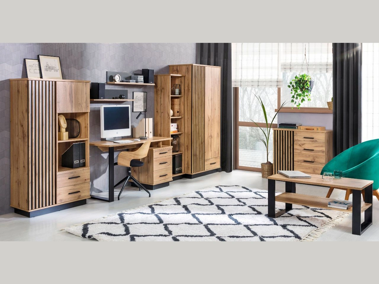 Set industriell anmutender Möbel für den Raum Lavore Wotan Eiche, Schwarz matt