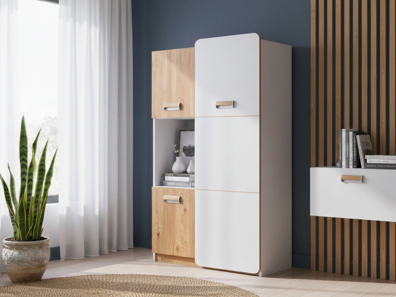 Ein Bücherregal mit Regalböden für ein Teenagerzimmer Lindo Weiß, Nash Eiche