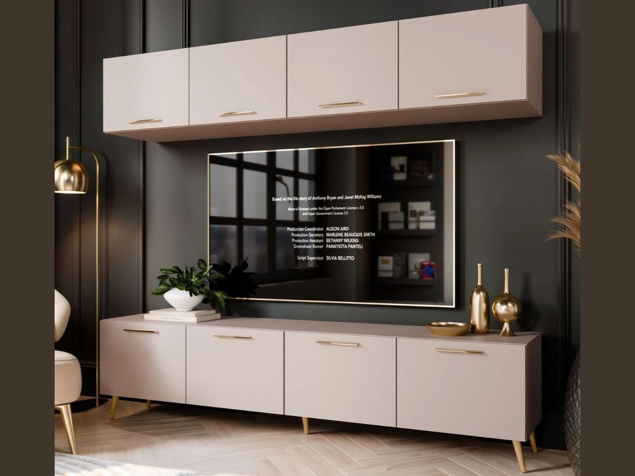 Wohnwand für das Wohnzimmer auf Goldenen Metallbeinen Noaé Kaschmir