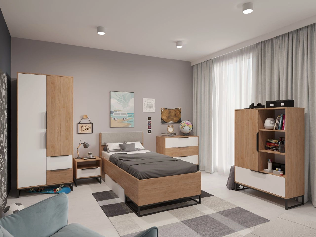 Möbelset für den Jugendraum mit Bett Vigo Hickory Weiß Matt
