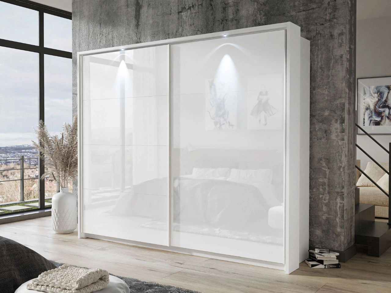 Schwebetürenschrank Zweitüriger mit Aufsatz 254 cm Nuveo Weiß Hochglanz