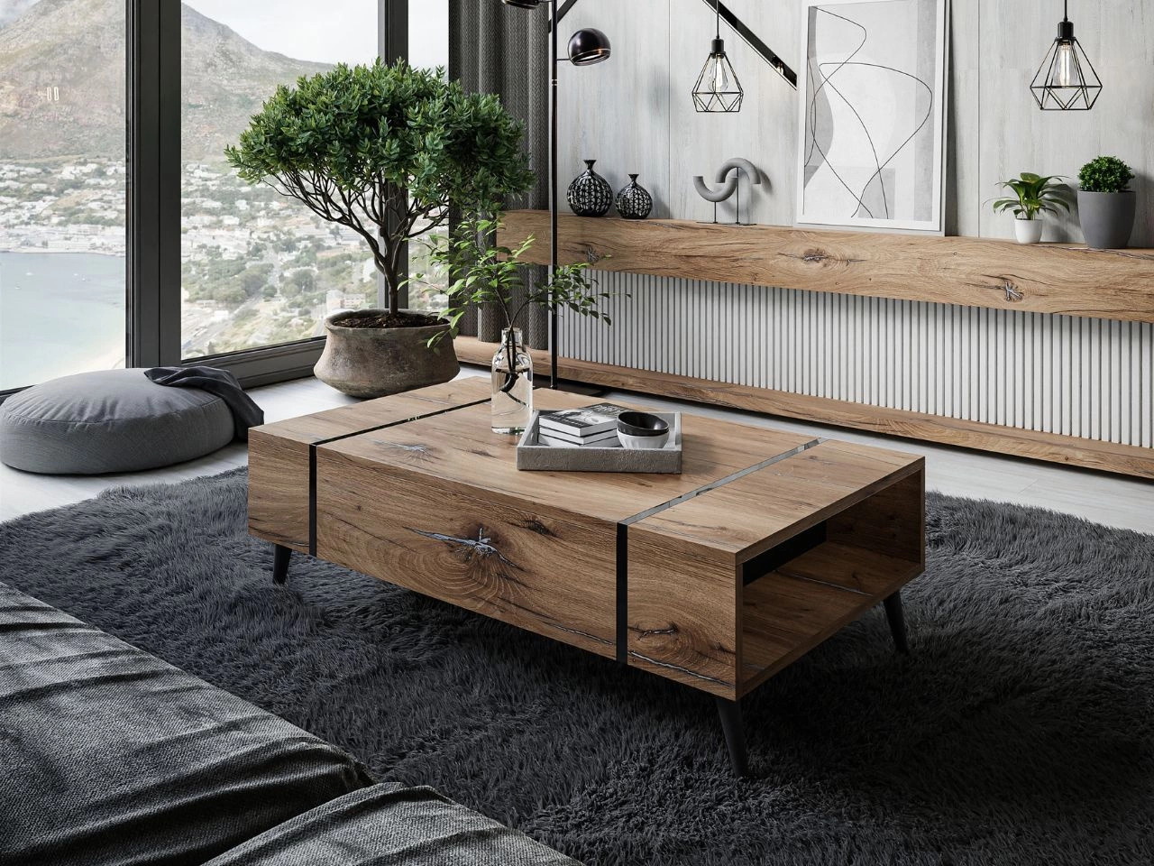 Couchtisch auf schwarzen Beinen im Loft-Stil Lunelie Eiche Flagstaff