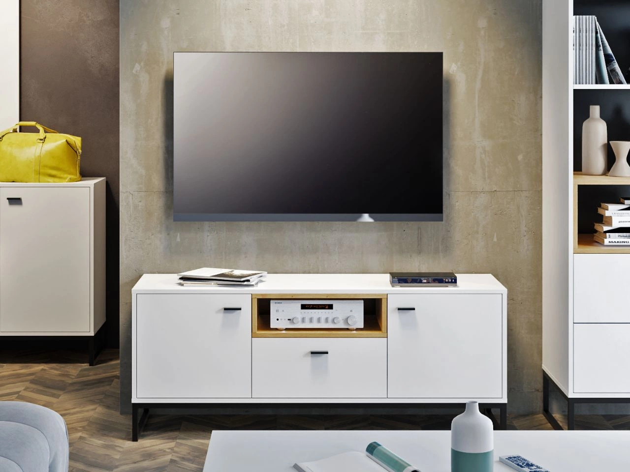 TV-Lowboard mit Schublade und Türen Geneva Weiß, Artisan Eiche
