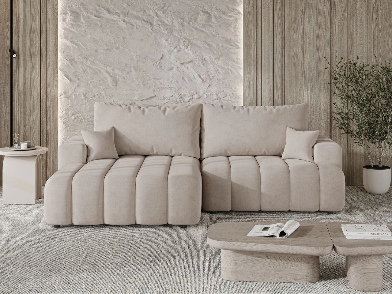 Ecksofa L-Form Links mit Schlaffunktion und Bettkasten Caleo Beige