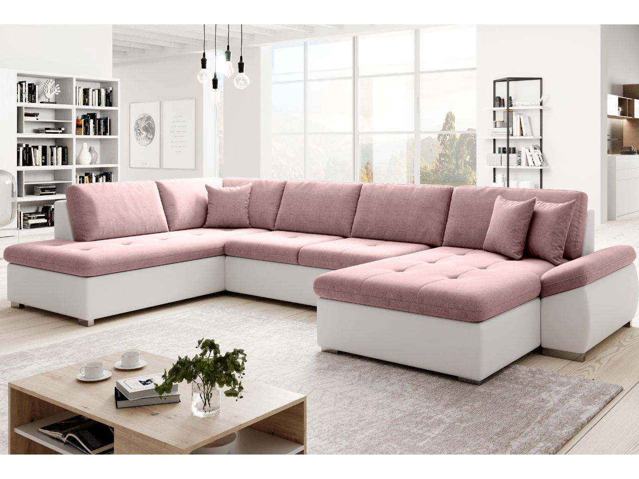 Wohnlandschaft mit Schlaffunktion Links Moni U Rosa, Weiß