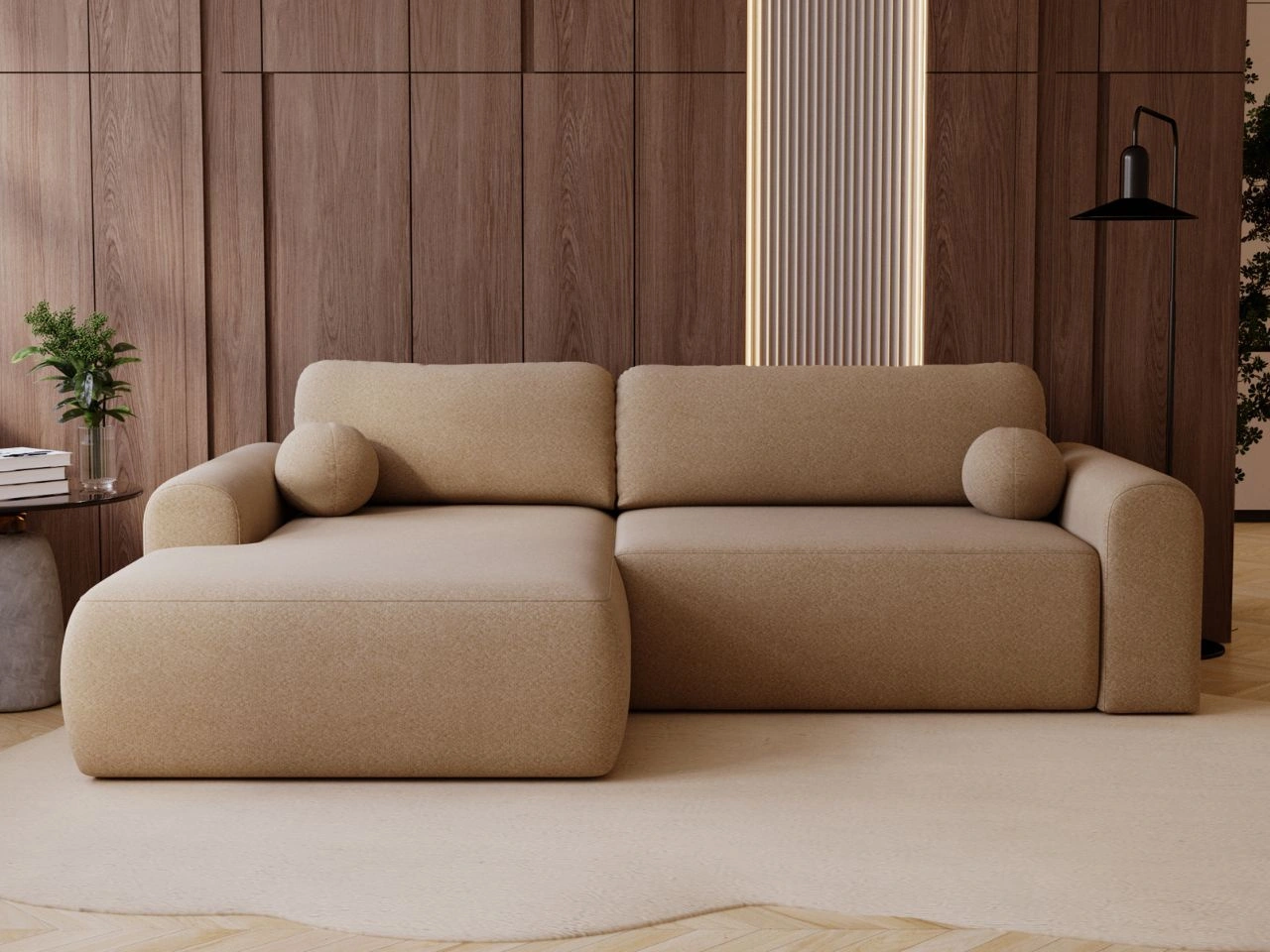 Ecksofa L-Form mit Schlaffunktion und Bettkasten Savana Links Bouclé-Stoff Hellbraun