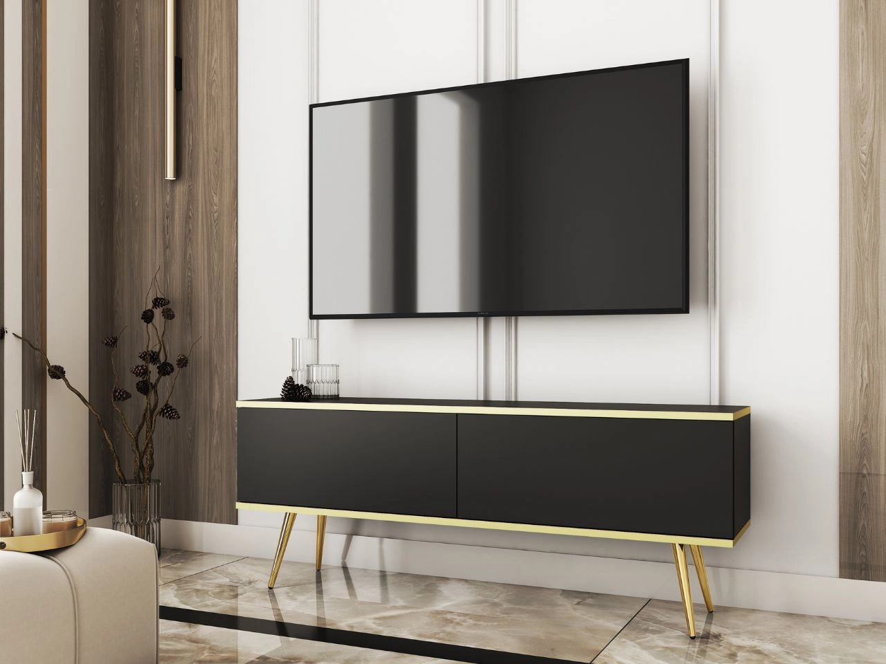 TV-Lowboard mit Türen 135 cm Diolo Schwarz mit glatter Front auf goldenen Beinen
