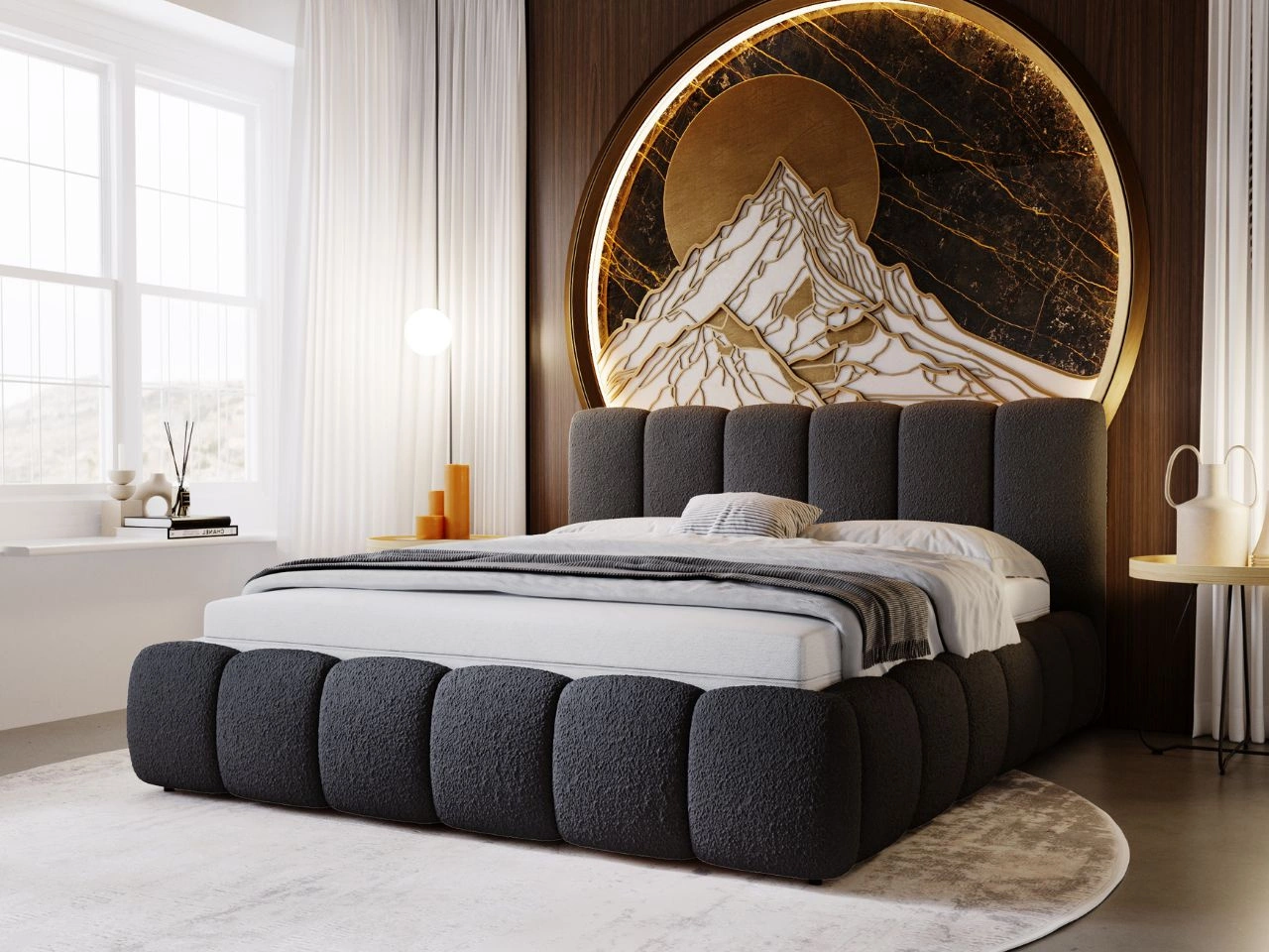 Polsterbett mit Bettkasten und Lattenrost 160x200 Cloud Bouclé-Stoff Schwarz