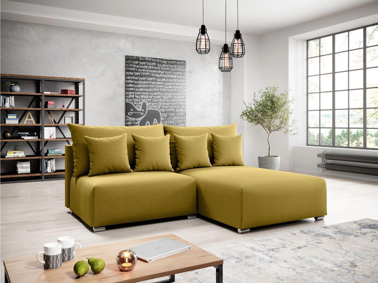 Ecksofa L-Form Rechts mit Schlaffunktion und Bettkasten Ronni Gelb